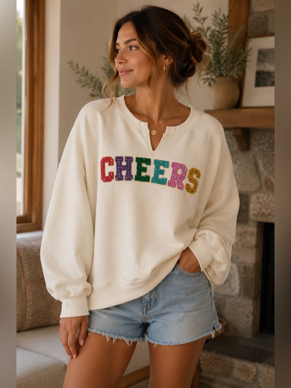 Peach Love California Cream 'Cheers' Oversized Sweatshirt Size M Casual Cozy